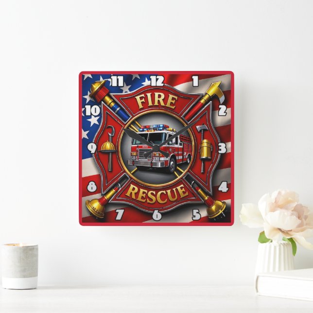 Fire Rescue Heroism American Flag  Square Wall Clock (Home)
