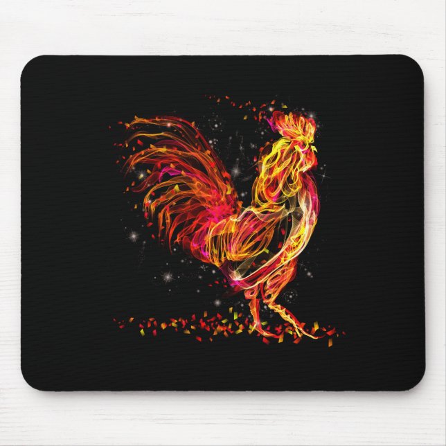 Fire rooster. Flaming animal sparkle cool design Mouse Pad (Front)