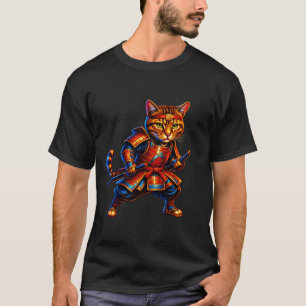 Fire Samurai Cat T-Shirt – Red & Gold Feline Warri