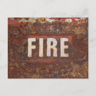 Fire sign on rusted steel plate. Gift for fireman? Postcard