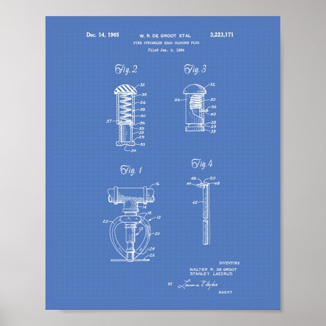 Fire Sprinkler Head 1965 Patent Art - Blueprint Poster (Front)