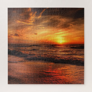 Fire Sunset Ocean Wave Jigsaw Puzzle