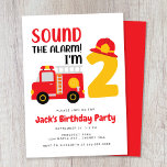 Fire Truck 2nd Birthday Party Invitation<br><div class="desc">Simple and cute 2nd birthday invitation featuring an illustration of a red fire truck,  "Sound The Alarm,  I'm 2" in a mix of fun red,  black and yellow typography,  with a fireman's helmet on top of the 2.</div>