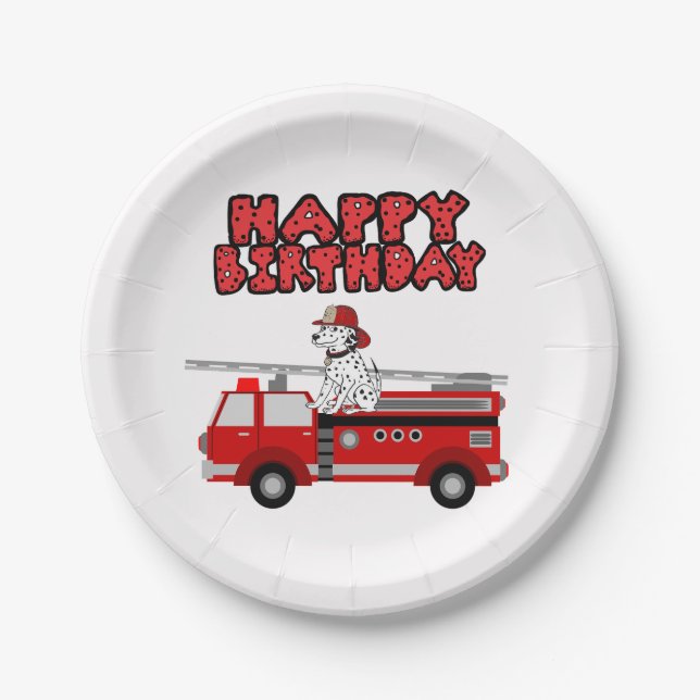 Fire Truck And Dalmatian Dog Happy Birthday Paper Plate (Front)