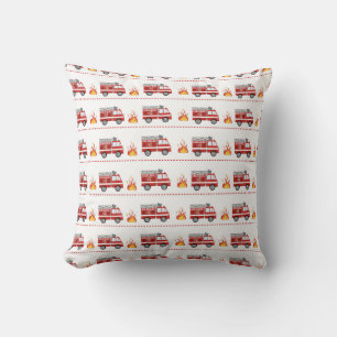 Fire Truck and Flame Striped Pattern Throw Pillow