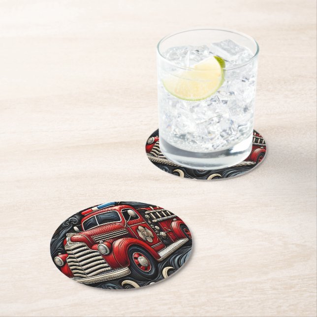Fire Truck Art on Leather Round Paper Coaster (Insitu)