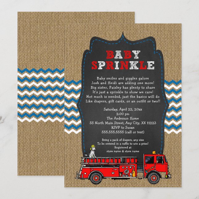 Fire Truck Baby Sprinkle, boy baby shower Invitation (Front/Back)