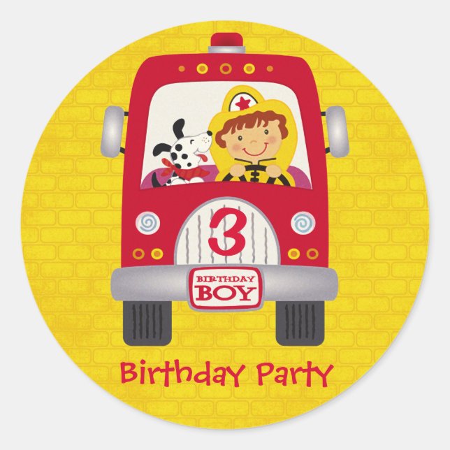Fire Truck Birthday Boy Classic Round Sticker (Front)