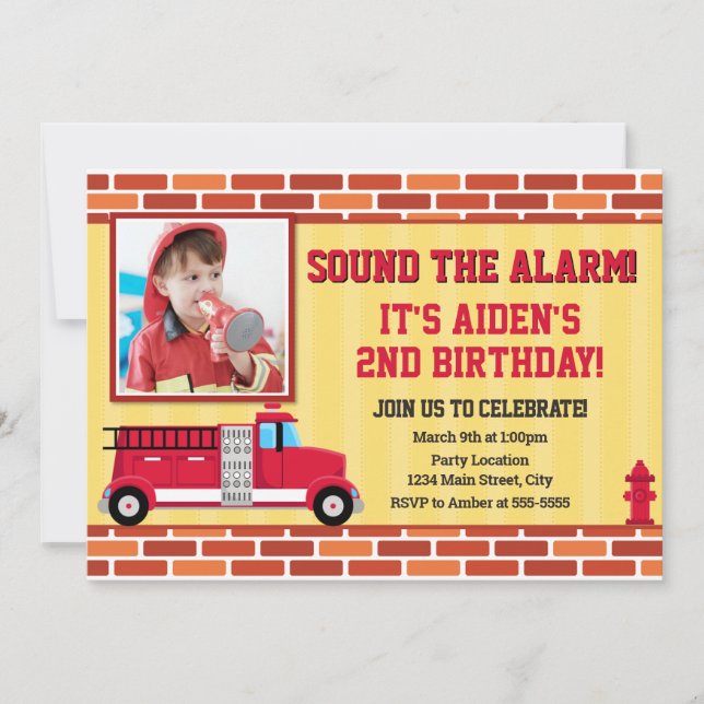 Fire Truck Birthday Invitation Firefighter Fireman (Front)