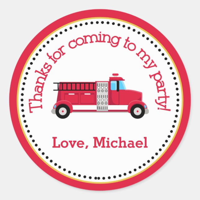 Fire Truck Birthday Party Favour Tag Sticker (Front)