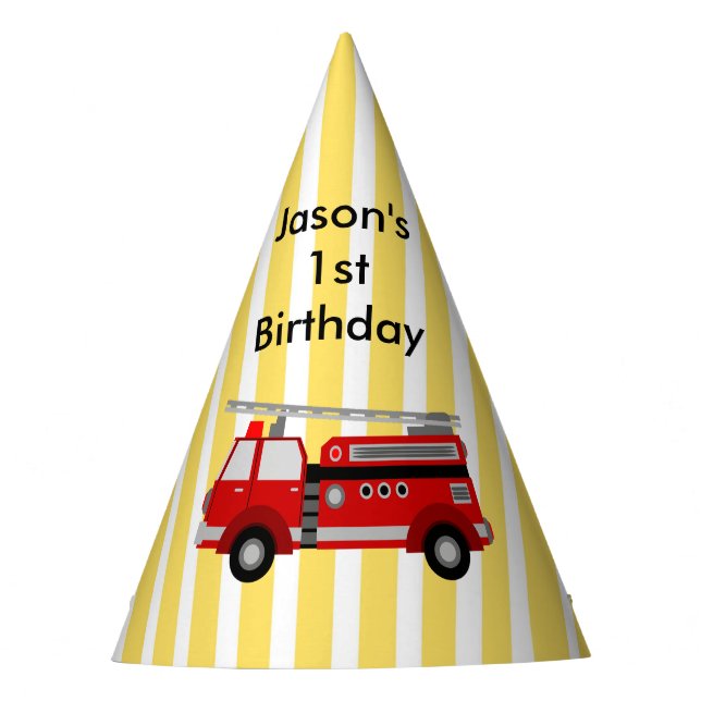 Fire truck birthday party personalized party hat (Front)