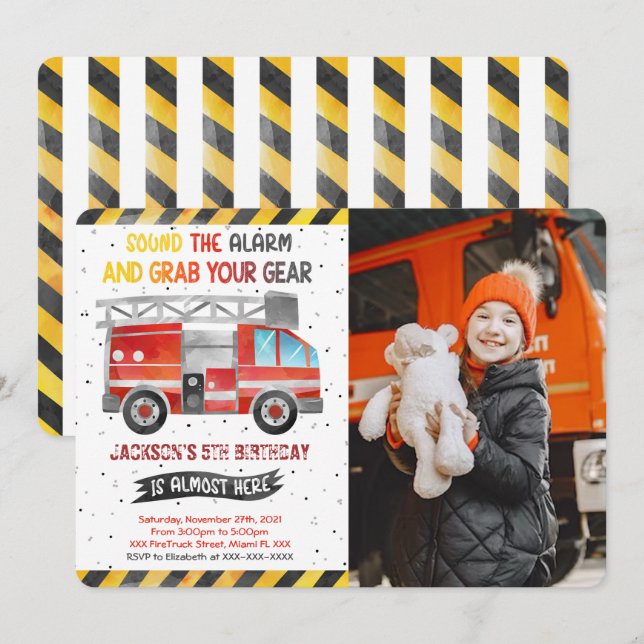 Fire Truck Birthday Photo Invitations (Front/Back)
