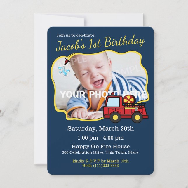 Fire Truck Birthday with Photo Invitation (Front)