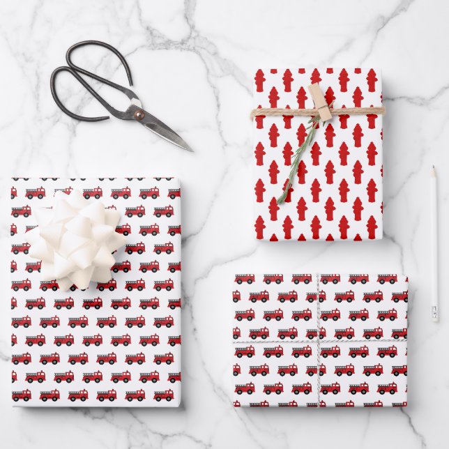 Fire Truck Birthday Wrapping Paper Sheet (Front)