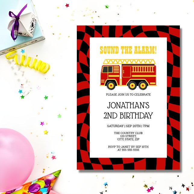 Fire Truck Black Red Chequered 2nd Birthday Invitation (Creator Uploaded)