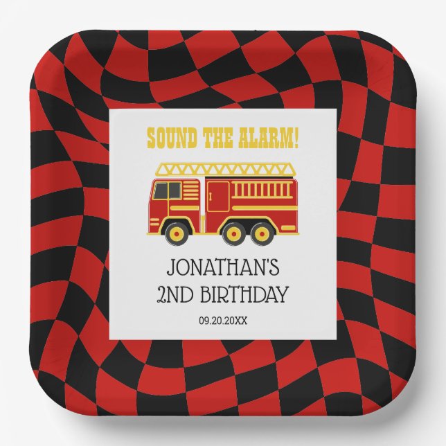 Fire Truck Black Red Chequered 2nd Birthday Paper Plate (Front)