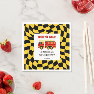 Fire Truck Black Yellow Chequered 3rd Birthday Napkin