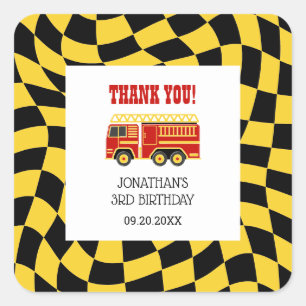 Fire Truck Black Yellow Chequered 3rd Birthday  Square Sticker