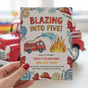 Fire Truck Blazing into Five 5th Birthday Invitation