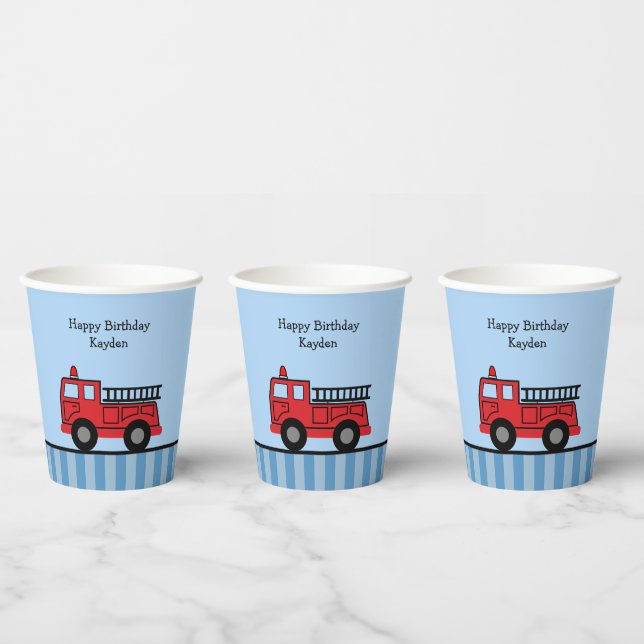 Fire Truck Blue and Red Striped Birthday Paper Cups (Multi)