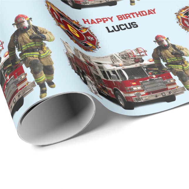 Fire Truck Child's Name & Age Fireman Running Fun Wrapping Paper (Roll Corner)
