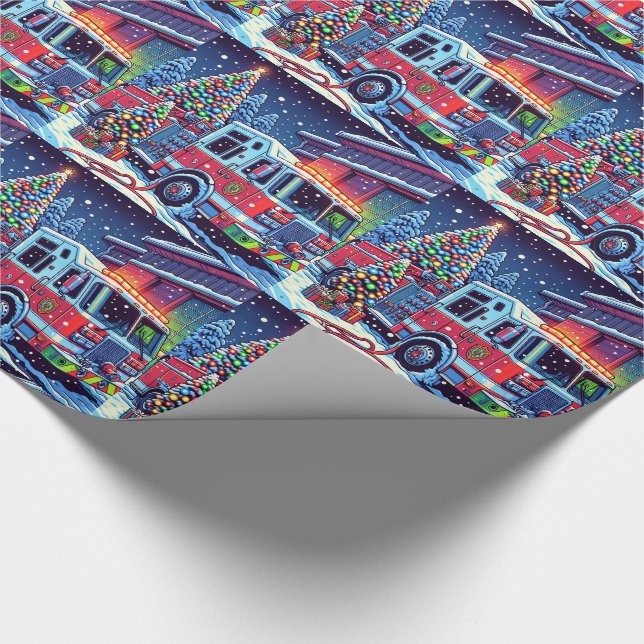 Fire Truck Christmas Tree and Snow Holiday Wrapping Paper (Corner)