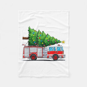 Fire Truck Christmas Tree Xmas Lights Firefighter  Fleece Blanket
