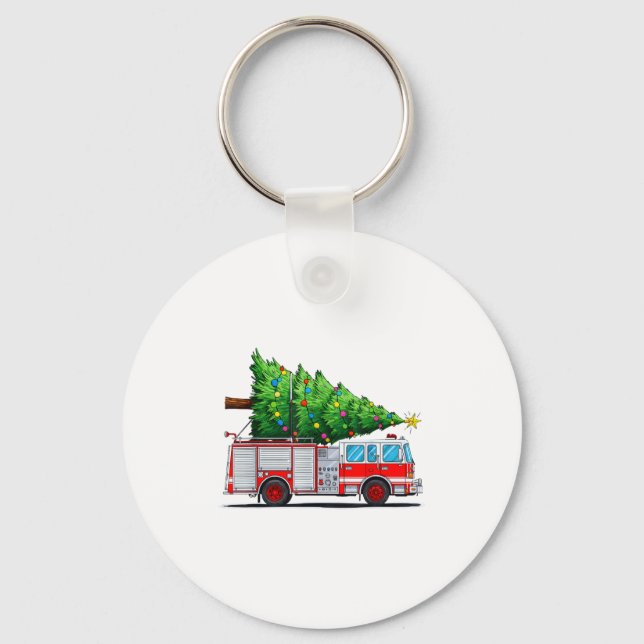 Fire Truck Christmas Tree Xmas Lights Firefighter  Keychain (Front)