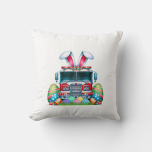 Fire Truck Easter Bunny Ears Firefighter Easter Eg Throw Pillow