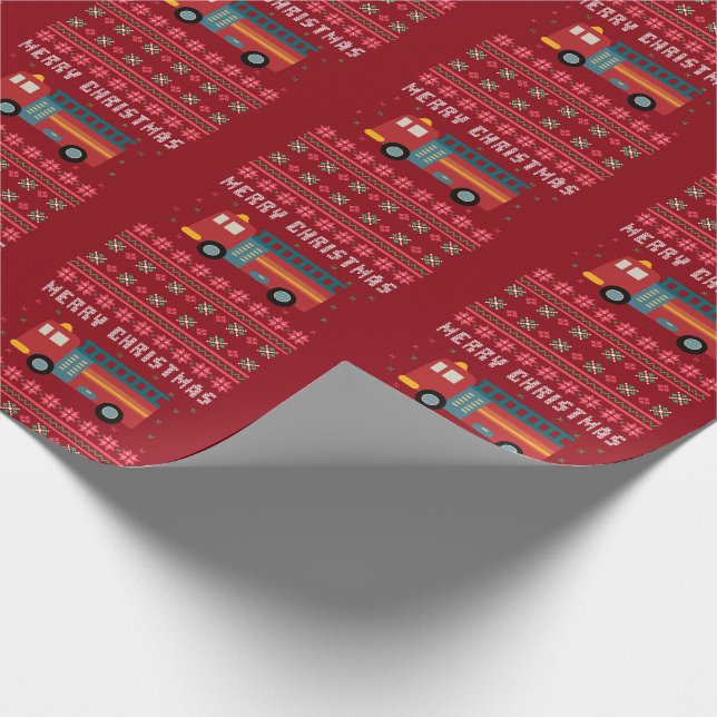 Fire Truck Engine Ugly Christmas Sweater Wrapping Paper (Corner)