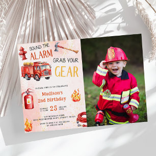 Fire Truck Fire Engine 2nd Birthday Party Photo  Invitation