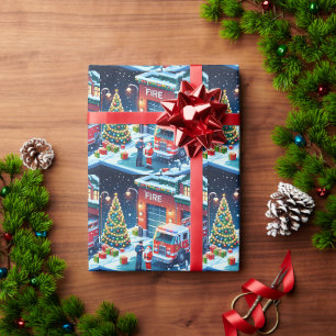 Fire Truck Fire Man And Santa Christmas Wrapping Paper