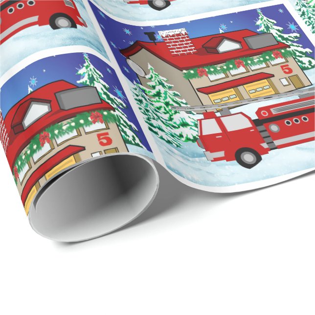 Fire Truck Fire Station Winter Scene  Christmas Wrapping Paper (Roll Corner)