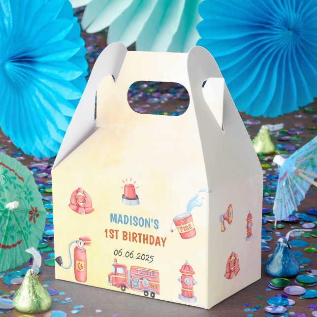 Fire Truck Firefighter 1st Birthday  Favor Box (Party)