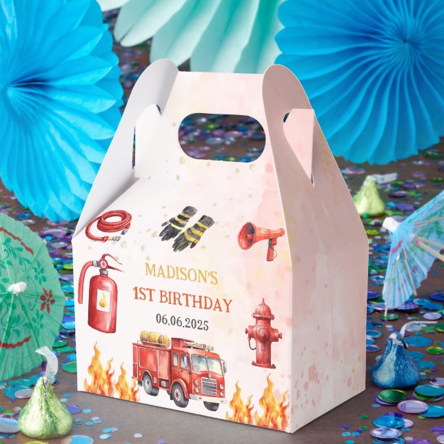 Fire Truck Firefighter 1st Birthday  Favor Box (Party)