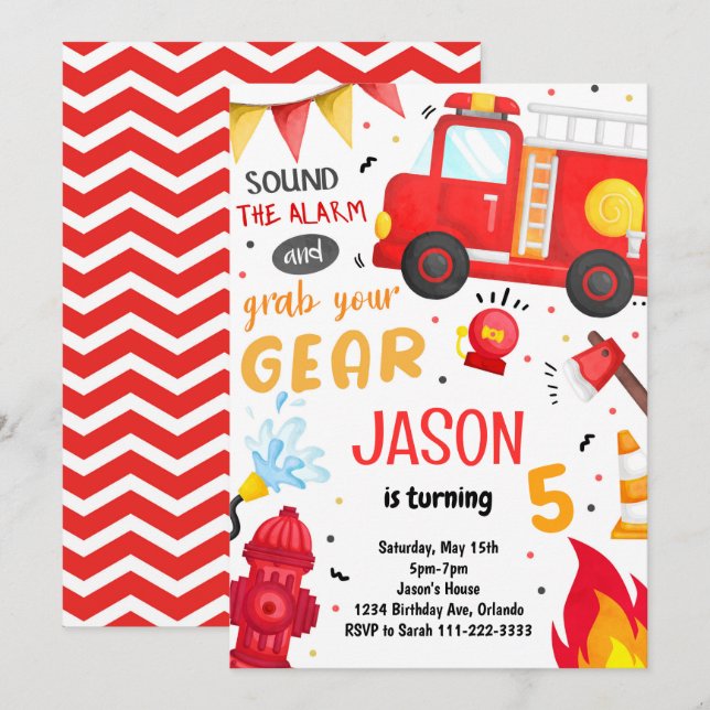 Fire Truck Firefighter  Birthday Invitation (Front/Back)