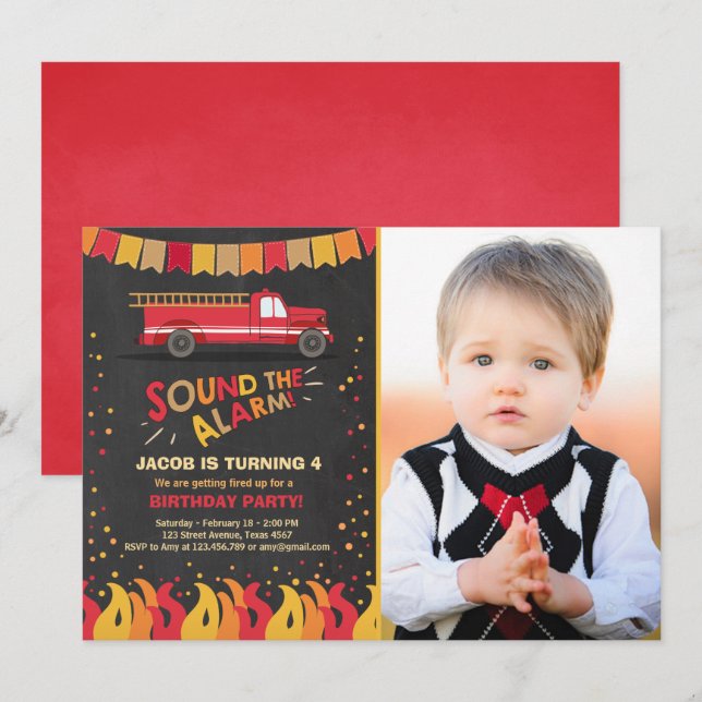 Fire Truck Firefighter Birthday Invitation Boy (Front/Back)