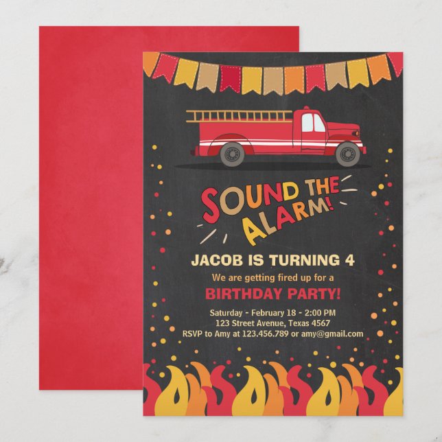 Fire Truck Firefighter Birthday Invitation Boy (Front/Back)