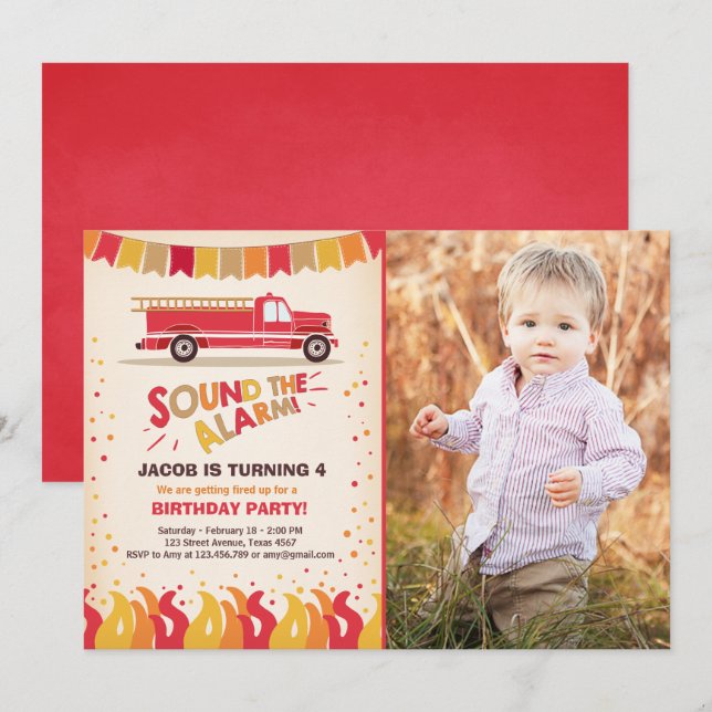 Fire Truck Firefighter Birthday Invitation Boy (Front/Back)