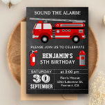 Fire Truck Firefighter Birthday Party Invitation<br><div class="desc">Amaze your guests with this cool birthday party invite featuring a beautiful fire truck and cute fire fighting equipment against a chalkboard background. Simply add your event details on this easy-to-use template to make it a one-of-a-kind invitation. Flip the card over to reveal an elegant red and black stripes pattern...</div>