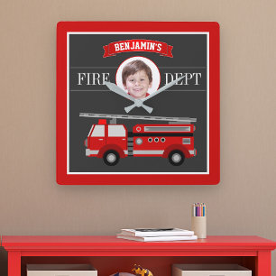 Fire Truck Firefighter Custom Photo Name Kids Room Square Wall Clock