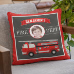 Fire Truck Firefighter Custom Photo Name Kids Room Throw Pillow<br><div class="desc">Personalize this cute square pillow with your child's name and photo to create your own unique custom boys room pillow.</div>
