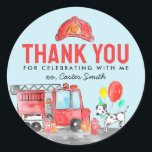 Fire Truck Firefighter Dog Thank You Kids Birthday Classic Round Sticker<br><div class="desc">Modern Cute Fire Truck Firefighter Dalmatian Dog Balloon Kids Birthday Favour Sticker</div>