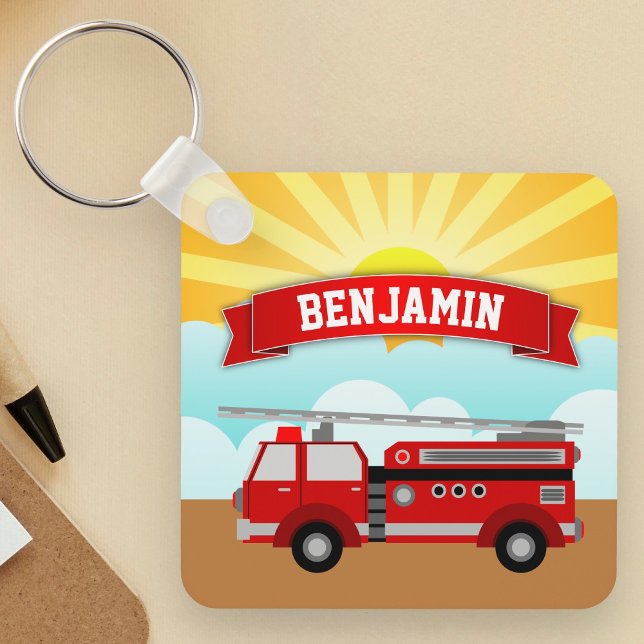 Fire Truck Firefighter Personalized Name Kids Room Keychain (Creator Uploaded)