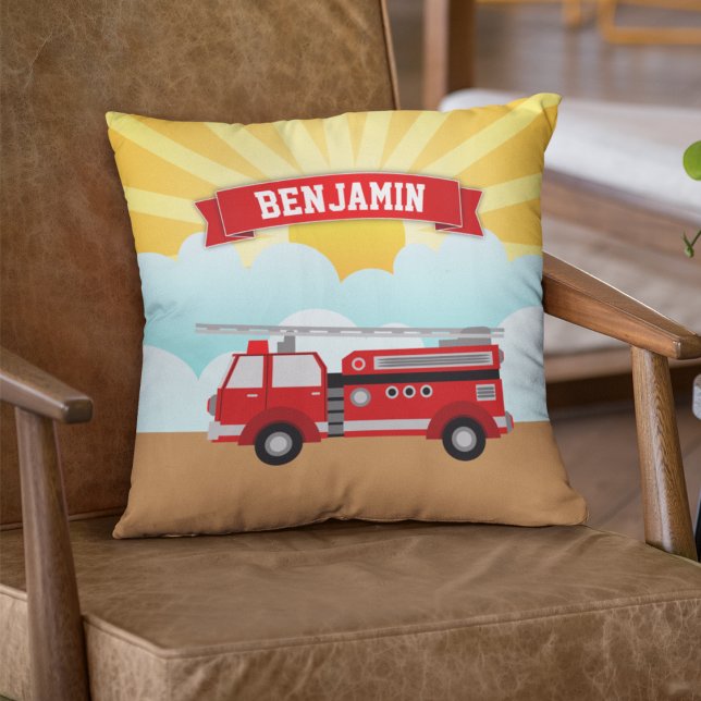 Fire Truck Firefighter Personalized Name Kids Room Throw Pillow (Creator Uploaded)