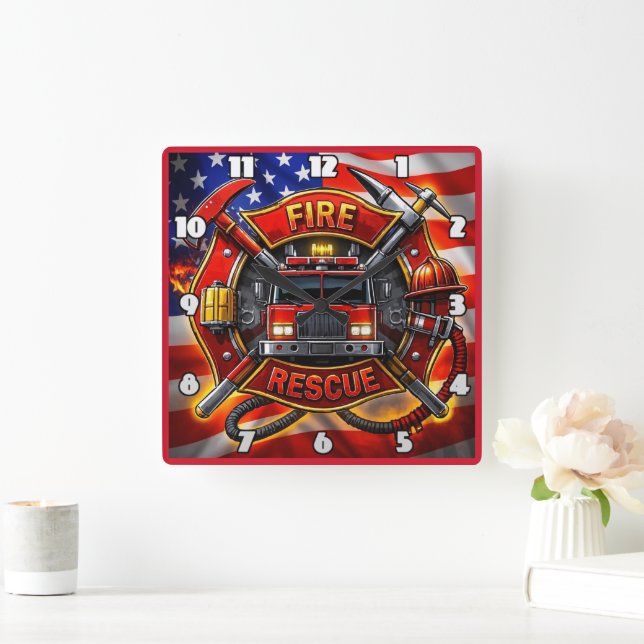 Fire Truck Firefighter Rescue  Square Wall Clock (Home)