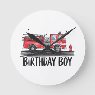 Fire Truck Firefighter The Birthday of Boy Family Round Clock