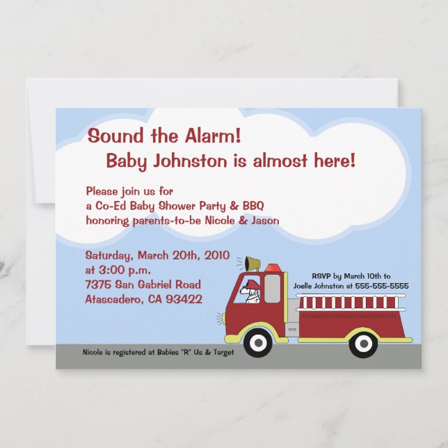 Fire Truck FIremen 5x7 Baby Shower Invitation (Front)
