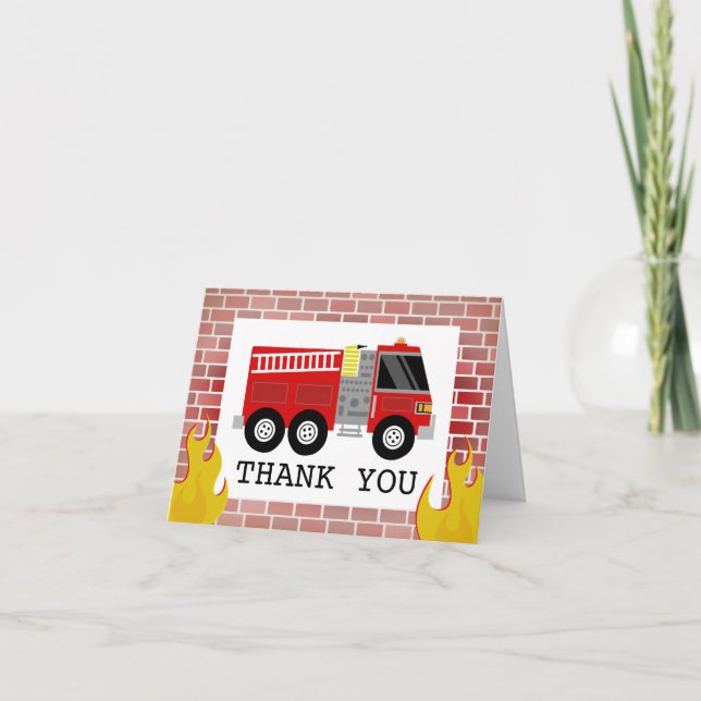 Fire Truck Flames Brick Birthday Thank You Card (Front)
