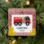 Fire Truck Flames Kids Little Boy Christmas Ceramic Ornament<br><div class="desc">Firetruck illustration with brick background and flames.  Personalize with the name and year.</div>